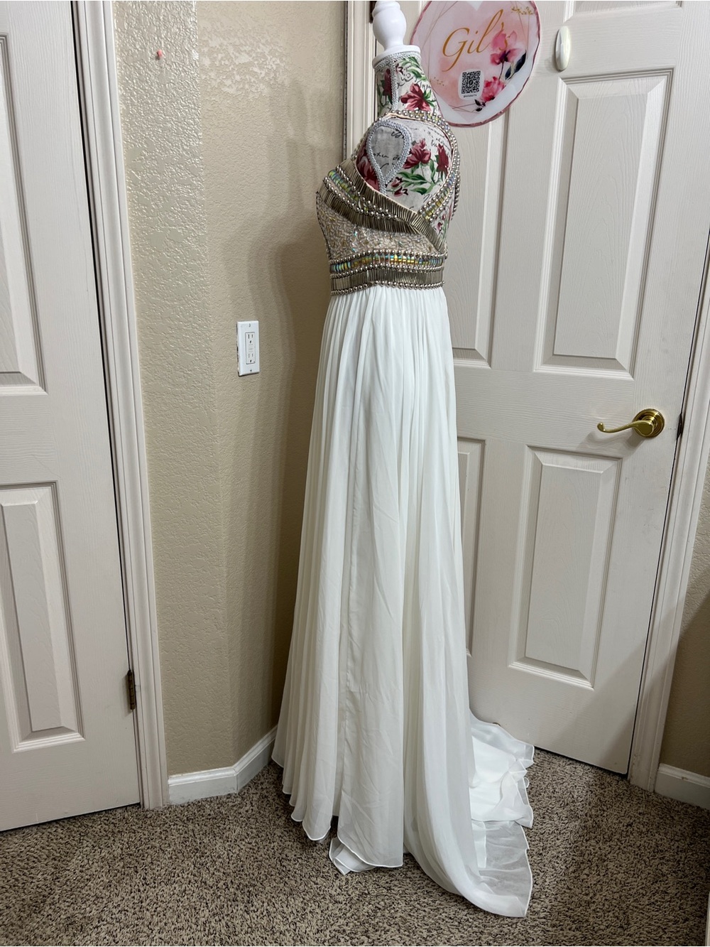 Terani Couture White Maxi Gown with Silver Embellished Bodice - Picture 4 of 8